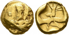 NORTHEAST GAUL. Atrebates. Circa 60-30/25 BC. 1/4 Stater (Gold, 10 mm, 1.55 g). Two men standing right in a boat with stylized waves below. Rev. Uncer...
