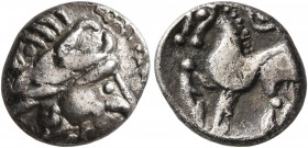 MIDDLE DANUBE. Uncertain tribe. 2nd-1st century BC. Drachm (Silver, 13 mm, 2.16 g, 1 h), 'Kugelwange' type. Celticized laureate head of Zeus to right....