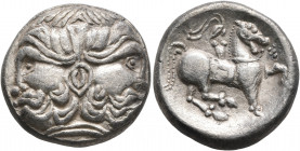 LOWER DANUBE. Uncertain tribe. Circa 2nd century BC. Tetradrachm (Silver, 23 mm, 12.49 g, 5 h), 'Doppelkopf' type, imitating Philip II of Macedon. Jan...