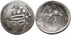 LOWER DANUBE. Uncertain tribe. Circa 2nd century BC. Tetradrachm (Silver, 25 mm, 6.47 g, 10 h), 'Sattelkopfpferd' type, imitating Philip II of Macedon...