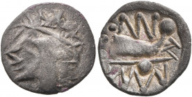 LOWER DANUBE. Uncertain tribe. Circa 2nd-1st century BC. 'Tetrobol' (Silver, 15 mm, 1.04 g, 6 h), imitating Histiaia. Celticized wreathed head of nymp...