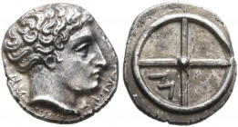 GAUL. Massalia. Circa 410-380 BC. Obol (Silver, 10 mm, 0.79 g, 2 h). [MAΣΣA]ΛIΩT-AN Horned head of Lakydon to right. Rev. Wheel of four spokes; M in o...
