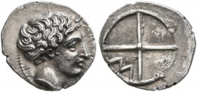 GAUL. Massalia. Circa 410-380 BC. Obol (Silver, 11 mm, 0.79 g, 7 h). MAΣ[ΣAΛIΩT]-AN Horned head of Lakydon to right. Rev. Wheel of four spokes; M in o...