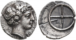 GAUL. Massalia. Circa 410-380 BC. Obol (Silver, 10 mm, 0.69 g, 1 h). [MAΣΣAΛI] Horned head of Lakydon to right. Rev. Wheel of four spokes; M in one qu...