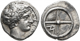GAUL. Massalia. Circa 410-380 BC. Obol (Silver, 9 mm, 0.78 g, 7 h). ΜΑΣΣΑΛ[Ι] Horned head of Lakydon to right. Rev. Wheel of four spokes; M in one qua...