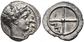 GAUL. Massalia. Circa 410-380 BC. Obol (Silver, 10 mm, 0.74 g, 1 h). ΜΑΣΣΑΛΙ Horned head of Lakydon to right. Rev. Wheel of four spokes; M in one quar...