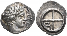 GAUL. Massalia. Circa 410-380 BC. Obol (Silver, 10 mm, 0.79 g, 5 h). MAΣΣAΛ[I] Horned head of Lakydon to right. Rev. Wheel of four spokes; M in one qu...
