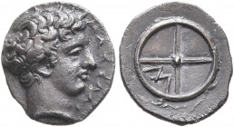 GAUL. Massalia. Circa 410-380 BC. Obol (Silver, 10 mm, 0.71 g, 3 h). MAΣΣAΛI Horned head of Lakydon to right. Rev. Wheel of four spokes; M in one quar...