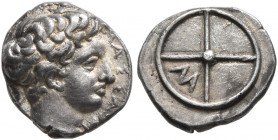 GAUL. Massalia. Circa 410-380 BC. Obol (Silver, 9 mm, 0.80 g, 1 h). MAΣΣAΛI Horned head of Lakydon to right. Rev. Wheel of four spokes; M in one quart...
