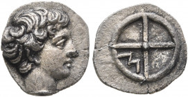 GAUL. Massalia. Circa 410-380 BC. Obol (Silver, 10 mm, 0.76 g, 12 h). Bare head of Apollo to right. Rev. Wheel of four spokes; M in one quarter. Maure...