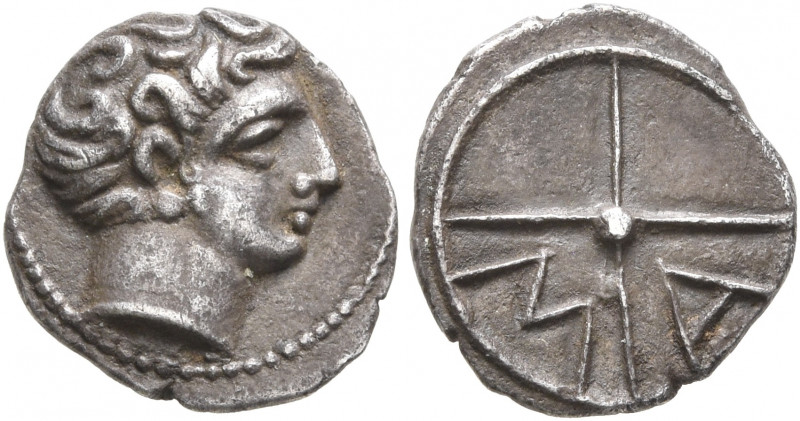 GAUL. Massalia. 380-336 BC. Obol (Silver, 10 mm, 0.74 g, 1 h). Bare head of Apol...