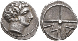 GAUL. Massalia. 380-336 BC. Obol (Silver, 10 mm, 0.74 g, 1 h). Bare head of Apollo to right. Rev. M-A within wheel of four spokes. Maurel 344. Nicely ...