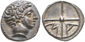 GAUL. Massalia. 380-336 BC. Obol (Silver, 10 mm, 0.78 g, 3 h). Bare head of Apollo to right. Rev. M-A within wheel of four spokes. Maurel 344. Beautif...