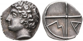 GAUL. Massalia. Circa 336-310 BC. Obol (Silver, 9 mm, 0.61 g, 1 h). Bare head of Apollo to left. Rev. M-A within wheel of four spokes. Maurel 360. Bea...