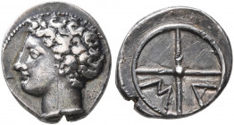 GAUL. Massalia. Circa 336-310 BC. Obol (Silver, 10 mm, 0.83 g, 12 h). Bare head of Apollo to left. Rev. M-A within wheel of four spokes. Maurel 360. S...