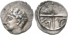 GAUL. Massalia. Circa 336-310 BC. Obol (Silver, 12 mm, 0.61 g, 1 h). Bare head of Apollo to left. Rev. M-A within wheel of four spokes. Maurel 362. Ni...
