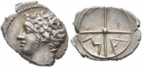 GAUL. Massalia. Circa 310-250 BC. Obol (Silver, 11 mm, 0.64 g, 6 h). Bare head of Apollo to left. Rev. M-A within wheel of four spokes. Maurel 380. Li...