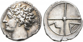 GAUL. Massalia. Circa 310-250 BC. Obol (Silver, 10 mm, 0.64 g, 6 h). Bare head of Apollo to left. Rev. M-A within wheel of four spokes. Maurel 380. So...