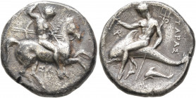 CALABRIA. Tarentum. Circa 315-302 BC. Didrachm or Nomos (Silver, 20 mm, 7.41 g, 1 h), Sa..., magistrate. Nude rider on horse galloping to right, stabb...