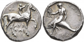 CALABRIA. Tarentum. Circa 280 BC. Didrachm or Nomos (Silver, 21 mm, 8.00 g, 7 h), Sa..., Arethon and Cas..., magistrates. Nude youth riding horse walk...