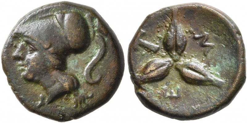 LUCANIA. Metapontion. Circa 300-250 BC. AE (Bronze, 13 mm, 2.32 g). Head of Athe...
