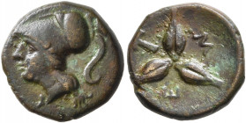 LUCANIA. Metapontion. Circa 300-250 BC. AE (Bronze, 13 mm, 2.32 g). Head of Athena to left, wearing Corinthian helmet. Rev. ΜΕ Three barley grains rad...