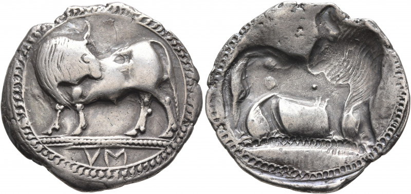 LUCANIA. Sybaris. Circa 550-510 BC. Stater (Silver, 30 mm, 8.12 g, 12 h). Bull s...