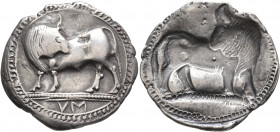 LUCANIA. Sybaris. Circa 550-510 BC. Stater (Silver, 30 mm, 8.12 g, 12 h). Bull standing left on dotted ground line, his head turned back to right; in ...