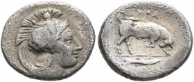 LUCANIA. Thourioi. Circa 350-300 BC. Triobol (Silver, 12 mm, 1.05 g, 12 h), Hera..., magistrate. Head of Athena to right, wearing crested Attic helmet...