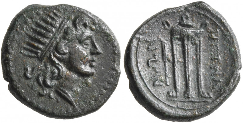 BRUTTIUM. Petelia. Late 3rd century BC. AE (Bronze, 14 mm, 1.84 g, 1 h). Radiate...
