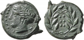 SICILY. Himera. Circa 415-409 BC. Hemilitron (Bronze, 18 mm, 4.47 g, 10 h). ΙΜΕ Head of a nymph to left, her hair bound in sphendone; to left, six pel...