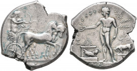 SICILY. Selinos. Circa 415-409 BC. Tetradrachm (Silver, 26 mm, 17.10 g, 9 h). Apollo and Artemis standing right in a quadriga moving slowly to right; ...
