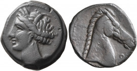 CARTHAGE. Circa 300-264 BC. AE (Bronze, 19 mm, 5.76 g, 3 h), Sardinian mint (?). Head of Tanit to left, wearing wreath of grain ears, triple-pendant e...