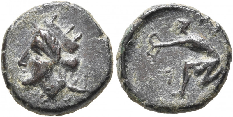 SKYTHIA. Olbia. Circa 300-275 BC. AE (Bronze, 13 mm, 1.86 g, 9 h). Head of Tyche...