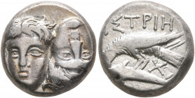 MOESIA. Istros. Circa 340/30-313 BC. Drachm (Silver, 16 mm, 6.76 g, 12 h). Two facing male heads side by side, one upright and the other inverted. Rev...