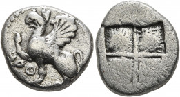 THRACE. Abdera. Circa 473/0-449/8 BC. Drachm (Silver, 15 mm, 3.30 g), Hero..., magistrate. ΗΡΟ Griffin seated to left, raising right forepaw. Rev. Qua...