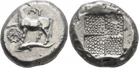 THRACE. Byzantion. Circa 387/6-340 BC. Tetradrachm (Silver, 23 mm, 14.88 g), Rhodian standard. ΠΥ Bull standing left on dolphin left, right foreleg ra...