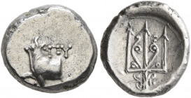THRACE. Byzantion. Circa 387/6-340 BC. Hemidrachm (Silver, 11 mm, 1.87 g, 3 h), Rhodian standard. ΠY Forepart of a bull standing left on dolphin left,...