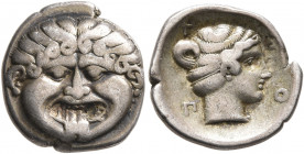 MACEDON. Neapolis. Circa 424-350 BC. Hemidrachm (Silver, 14 mm, 1.83 g, 9 h). Facing gorgoneion with protruding tongue. Rev. N-E-O-Π Head of the nymph...