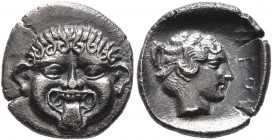 MACEDON. Neapolis. Circa 424-350 BC. Hemidrachm (Silver, 13 mm, 1.78 g, 11 h). Facing gorgoneion with protruding tongue. Rev. NEO[Π] Head of the nymph...