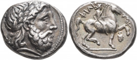 KINGS OF MACEDON. Philip II, 359-336 BC. Tetradrachm (Silver, 24 mm, 14.45 g, 12 h), Amphipolis, circa 340/36-328. Laureate head of Zeus to right. Rev...