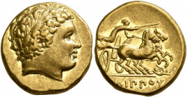KINGS OF MACEDON. Philip II, 359-336 BC. Stater (Gold, 17 mm, 8.57 g, 12 h), Pella, circa 340/36-328. Laureate head of Apollo to right. Rev. [ΦΙ]ΛΙΠΠO...