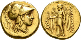 KINGS OF MACEDON. Alexander III ‘the Great’, 336-323 BC. Stater (Gold, 17 mm, 8.55 g, 12 h), Sardes, struck under Menander, circa 330/25-324/23. Head ...