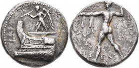 KINGS OF MACEDON. Demetrios I Poliorketes, 306-283 BC. Tetradrachm (Silver, 25 mm, 16.40 g, 1 h), Pella, circa 293-2. Nike, blowing a trumpet and hold...