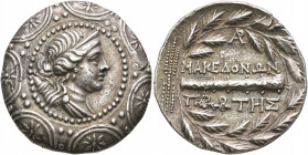 MACEDON (ROMAN PROTECTORATE), Republican period. First Meris. Circa 167-149 BC. Tetradrachm (Silver, 30 mm, 16.75 g, 9 h), Amphipolis. ΛY Diademed and...