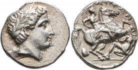 KINGS OF PAEONIA. Patraos, circa 335-315 BC. Tetradrachm (Silver, 24 mm, 12.59 g, 3 h), Astibos or Damastion. Laureate head of Apollo to right. Rev. Y...