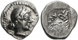 THESSALY. Larissa. Circa 479-465 BC. Obol (Silver, 10 mm, 0.90 g, 5 h). Head of the nymph Larissa to right, with hair tied at back. Rev. ΛΑRΙ Sandal o...