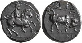 THESSALY. Krannon. Circa 350-300 BC. Chalkous (Bronze, 16 mm, 3.00 g, 7 h). Thessalian horseman galloping right. Rev. [K]PAN Bull butting right; above...