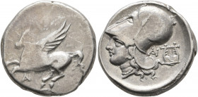 AKARNANIA. Anaktorion. Circa 350-300 BC. Stater (Silver, 21 mm, 8.50 g, 4 h). Pegasos flying left; below, monogram of AN. Rev. Head of Athena to left,...