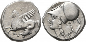 AKARNANIA. Anaktorion. Circa 350-300 BC. Stater (Silver, 21 mm, 8.45 g, 1 h). Pegasos flying left; below, monogram of AN. Rev. ΑΡΙ Head of Athena to l...